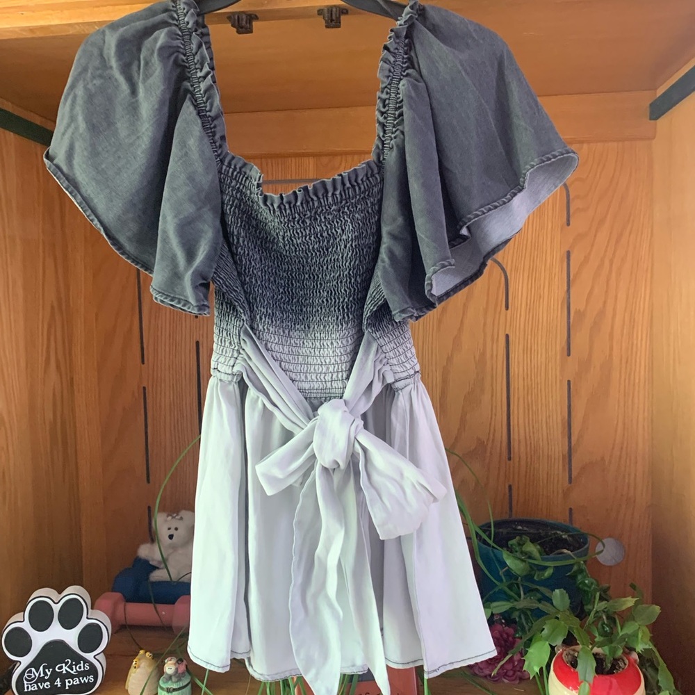 White Birch Gray Smocked Top with Bow Detail